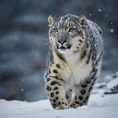 Obraz premium A snow leopard mid-hunt, gracefully stalking through the icy wilderness.