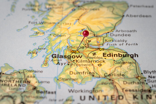 Colorful tourist location map with red stick pin at Glasgow, Scotland and the surrounding area
