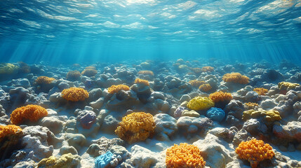 Naklejka premium Vibrant underwater scene showcasing a diverse coral reef ecosystem bathed in sunlight. Various coral formations and marine life are visible on the ocean floor