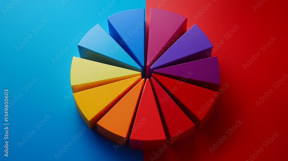 Poster a high-contrast d pie chart with sharp edges and bright colors, emphasizing distinct categories of d