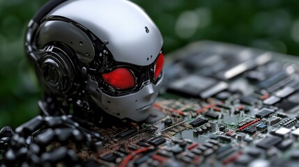 Fototapeta premium Futuristic robot head on circuit board, close-up view. Intricate details of metallic parts, glowing red eyes, and complex electronic components