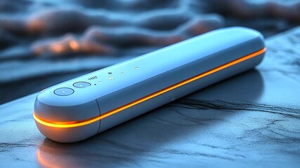 Modern sleek device with glowing features resting on textured surface