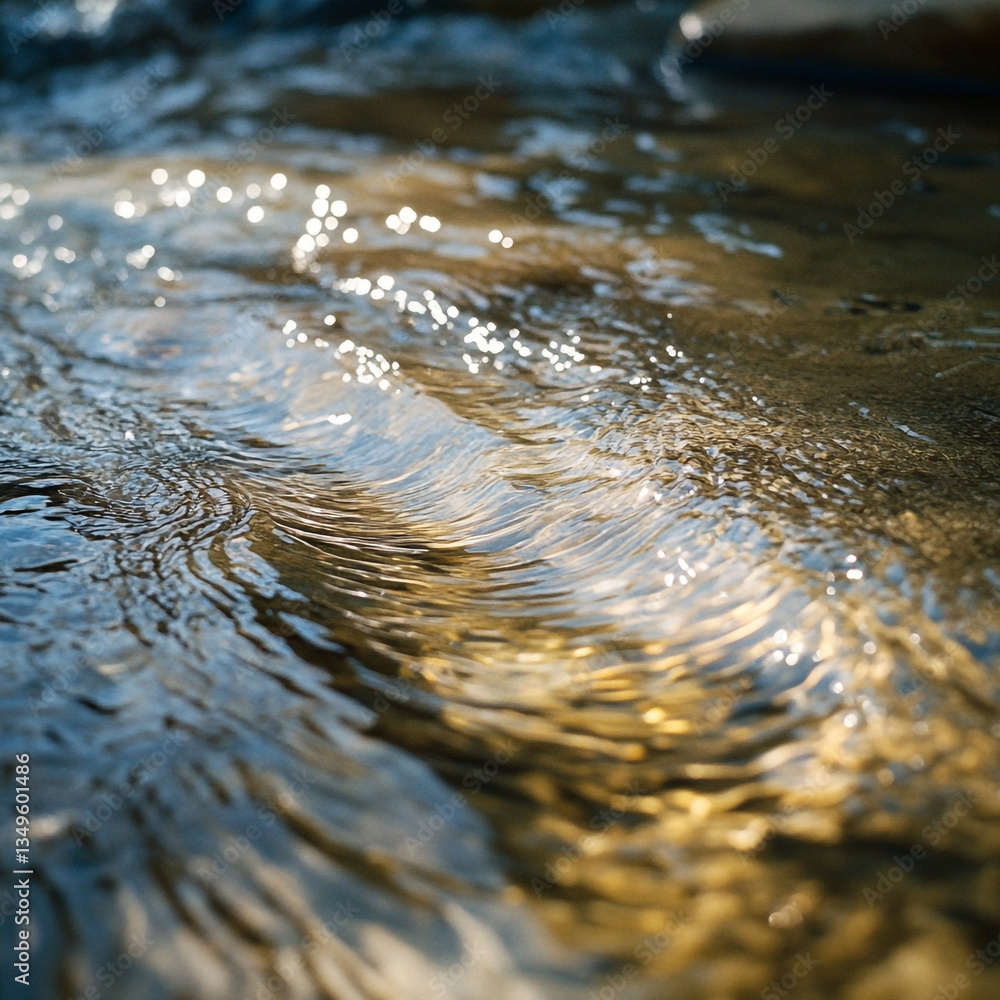 Poster close up view of water flowing with sunlight reflecting off the surface creating sparkling highlight