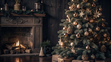 Christmas decoration Cozy Christmas scene featuring a decorated tree and a fireplace with warm glowing fire.