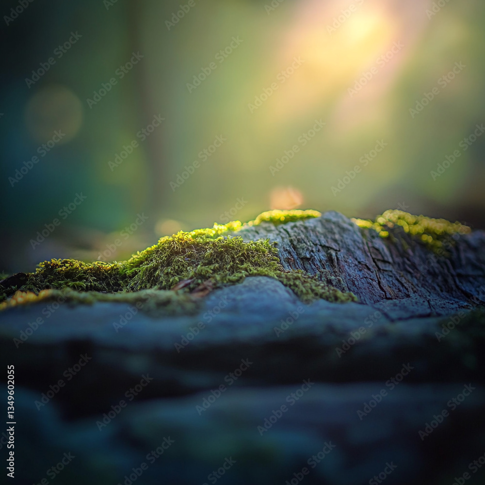 Poster a close up view of moss growing on a rock surface with sunlight in the background in a forest settin