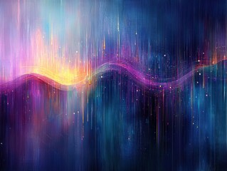 A vibrant abstract artwork featuring flowing waves of color, creating a sense of dynamic movement and energy against a dark background.