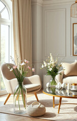 Spring Living Room Interior with Stylish Armchair, Flowers, Easter Decor, and Elegant Accessories – Generative AI