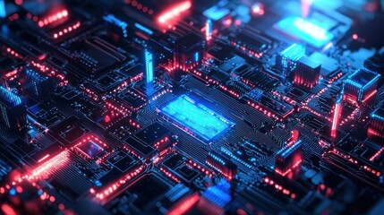 Obraz premium Abstract Circuit Board: Neon Glow in Digital Landscape