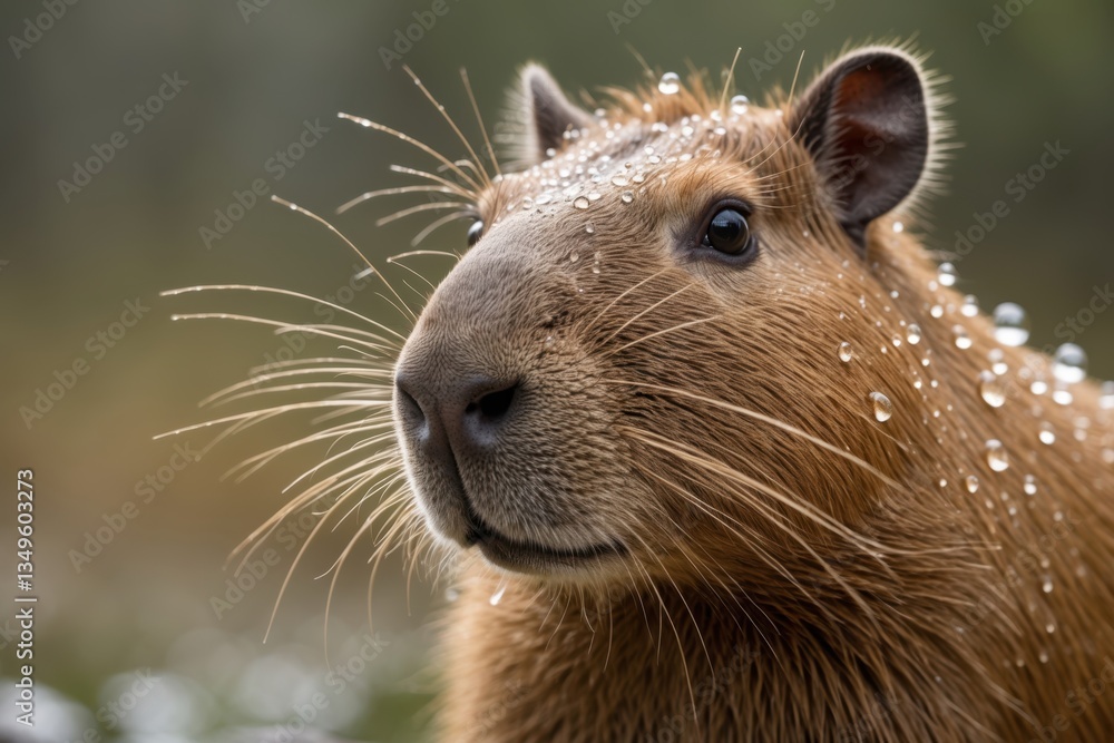 Poster close-up of a capybara with water droplets on its fur, set in a natural setting, showcasing its gent