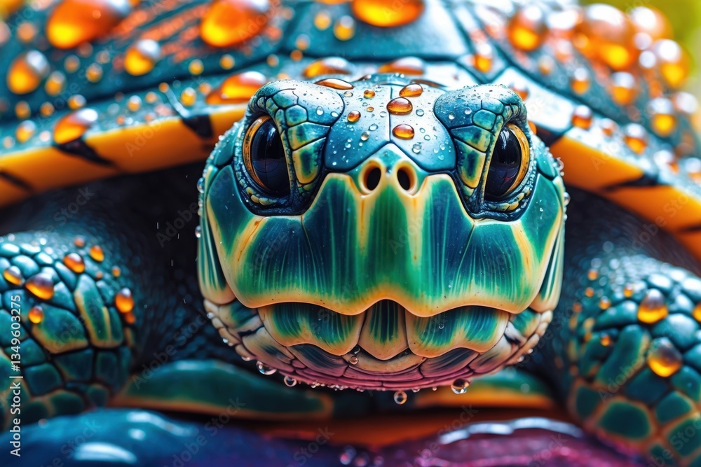Poster close-up of an intricately patterned turtle with droplets of water on its vibrant shell, showcasing 