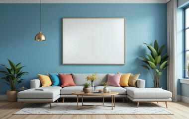 Modern Living Room Interior with Mockup Poster, Colorful Decor, Plants, Sofa, and Coffee Table – Generative AI