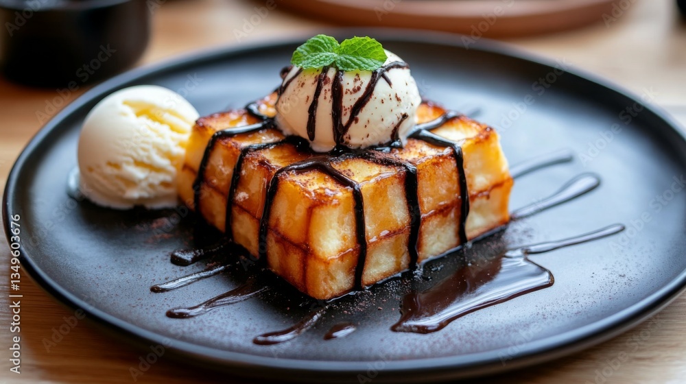 Poster a mouthwatering display of honey toast with rich chocolate drizzle, served with a side of ice cream,