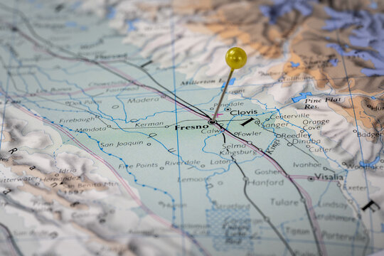 Colorful tourist location map with yellow stick pin at Fresno, California, USA and the surrounding area