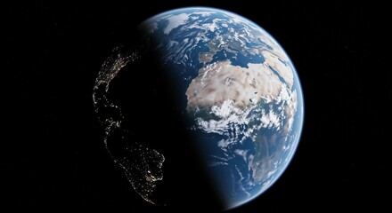 Earth from space showing day and night contrast with illuminated cities and landmasses