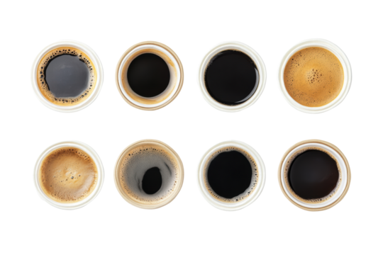 Set of paper take away cups of different black coffee isolated on transparent or white background, png