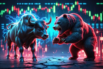 A digitally created scene of a bull and a bear symbolizing the stock market, with vivid neon lighting and a dramatic background of fluctuating