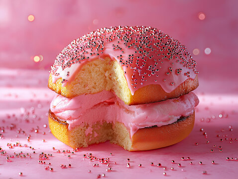 A pink-themed dessert burger with sprinkles and cream filling on a pastel background. A playful fusion of cake and fast food aesthetics.