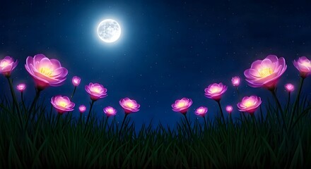 A mystical night garden with glowing flowers under a full moon, AI Generated