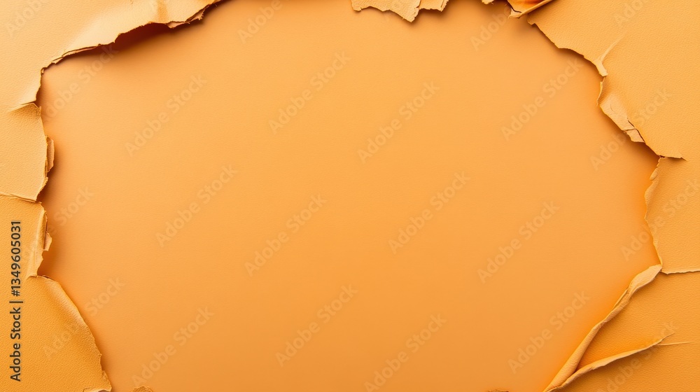 Poster a torn orange paper background revealing an empty space, creating a playful and creative visual effe
