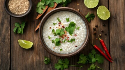 A rustic presentation of rice porridge served in a traditional bowl, surrounded by fresh herbs, chili flakes, and lime wedges for an authentic touch.