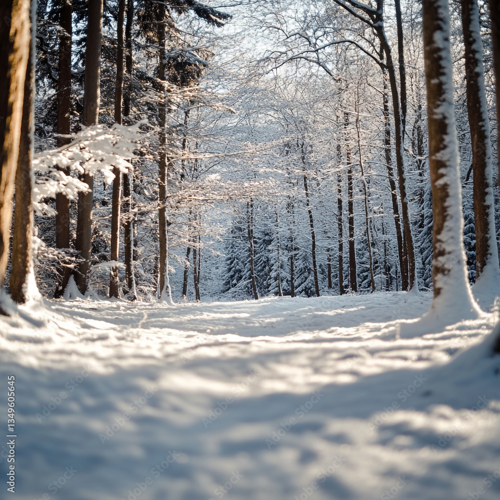 Poster a snowy forest path with tall trees covered in snow and sunlight filtering through the branches abov