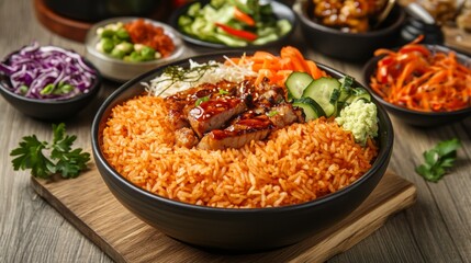 A rustic setting featuring a bowl of hot rice, accompanied by assorted side dishes and a drizzle of soy sauce, all arranged on a wooden surface for a homely feel.