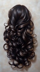 Naklejka premium Brunette hair styled in elaborate curls, against a light beige backdrop