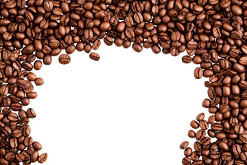 Fototapeta premium Roasted coffee beans frame on black background, cut out transparent