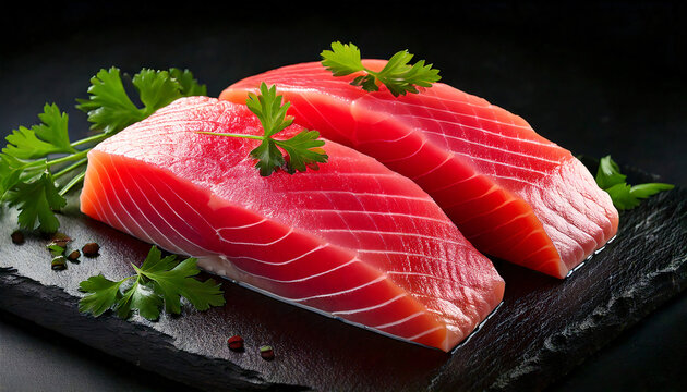 Fresh tuna fish fillet steaks garnished with parsley