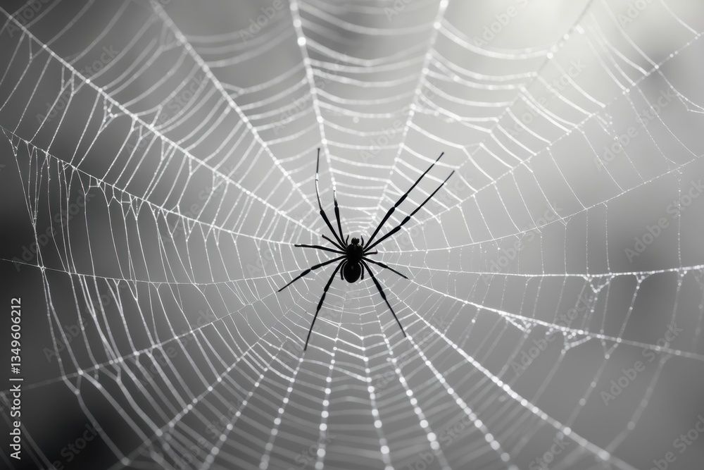 Poster close-up view of a spider in a delicate web, intricately designed with droplets of dew in a monochro