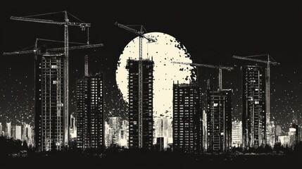 Night city construction cranes skyline moon