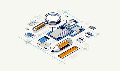  Engineering project concept, blueprint engineer work vector 3D isometric illustration, abstract draft drawing, cad technical plan.