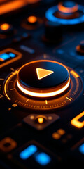 The illuminated play button beckons, promising an immersive audio-visual journey into a world of vibrant soundscapes and dynamic rhythms, bathed in warm orange and cool blue light.
