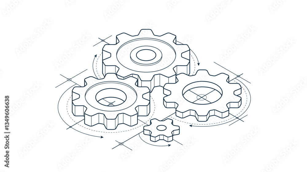Poster mechanical engineering concept, gears and cogs with project drawing draft isometric 3d vector illust
