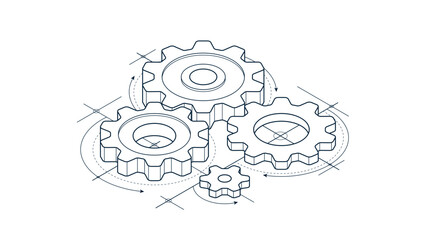 Mechanical engineering concept, gears and cogs with project drawing draft isometric 3D vector illustration, cogwheels system technology and technics machinery engine.