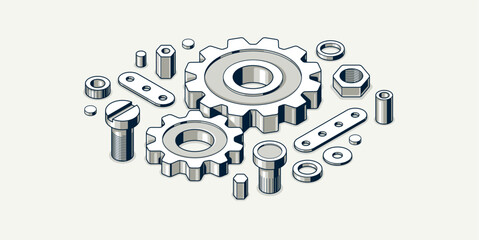 Mechanical engineering concept, gears and cogs composition isometric 3D vector illustration, cogwheels system technology and technics machinery engine.