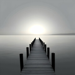 Serene sunrise over calm lake, wooden pier extending towards light; peaceful nature scene for meditation or travel brochure
