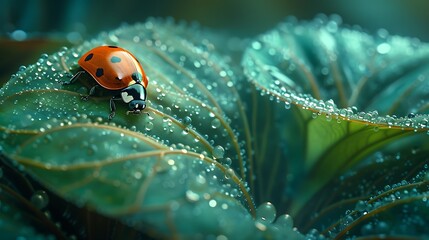 Close-up of a ladybug on dewy green leaves, showcasing nature's beauty in a tranquil environment
