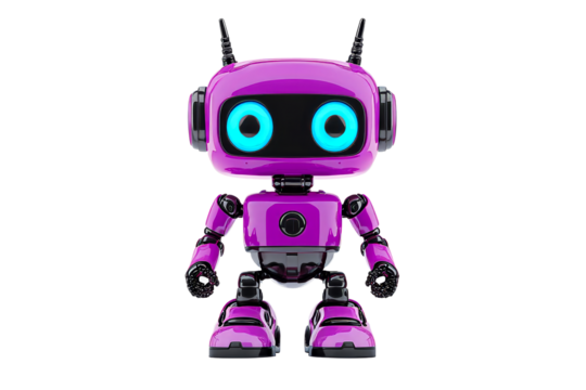 Shiny robot with cyan eyes in darkness, technology, toy, cut out transparent