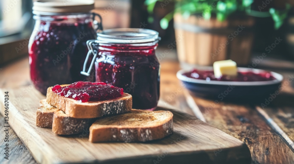 Poster a rustic setting with warm toast served on a wooden cutting board, surrounded by jars of homemade ja