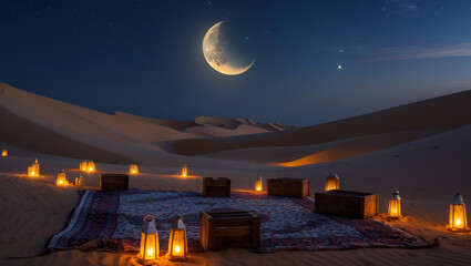 A magical desert night under a crescent moon, lanterns illuminating a romantic rug spread on the sand, creating a serene and enchanting atmosphere.