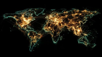 Global network connections, illuminated world map, digital communication, data flow, background dark