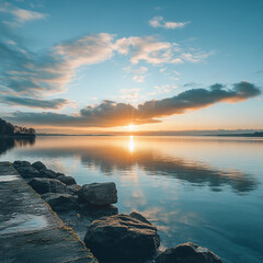 Calm lake reflecting the sunrise with clouds and a rocky shore in a serene nature scene view