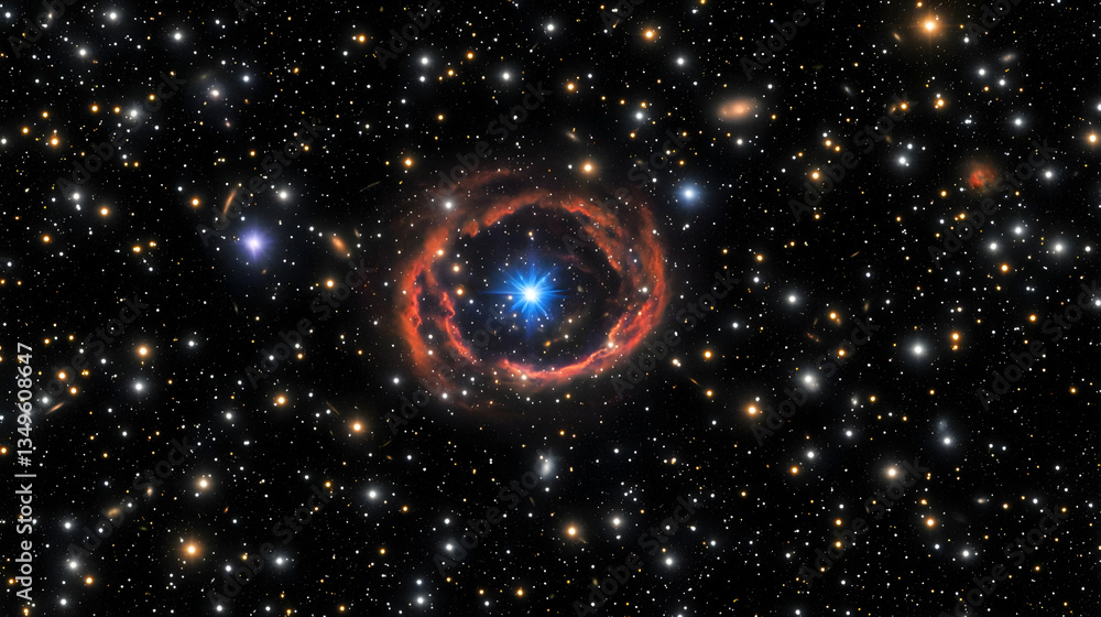 Poster celestial explosion with ring nebula surrounded by countless stars in a dark space backdrop