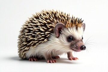 Fototapeta premium A solitary hedgehog, uncurled, on seamless white backdrop Details visible , spines, fauna, textured fur