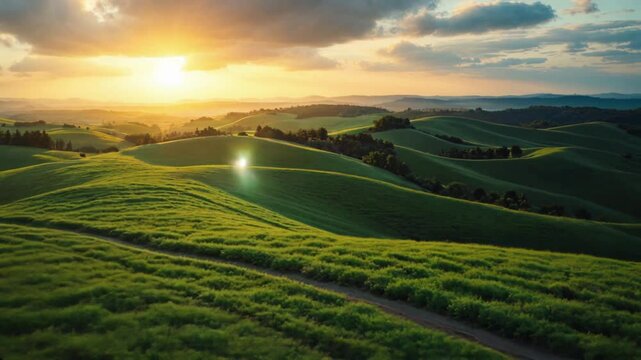A sweeping pan across the rolling hills captures the undulating landscape as the sun rises, Ai generated video