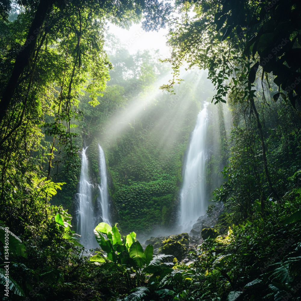 Poster sun rays shining through lush green forest illuminating two waterfalls cascading down rocks 100 char