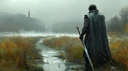 Lone knight, sword at his side, gazes upon a misty, distant castle across a tranquil stream