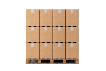 Pallet with Brown Boxes Stacked, Isolated, Transparent, Cutout