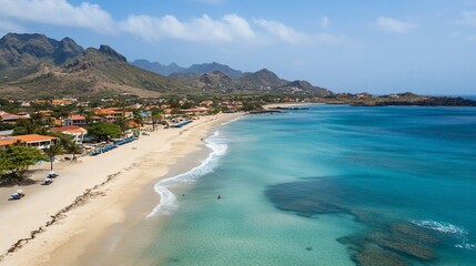 Aerial view beach, ocean, town, mountains, sunny day, travel brochure